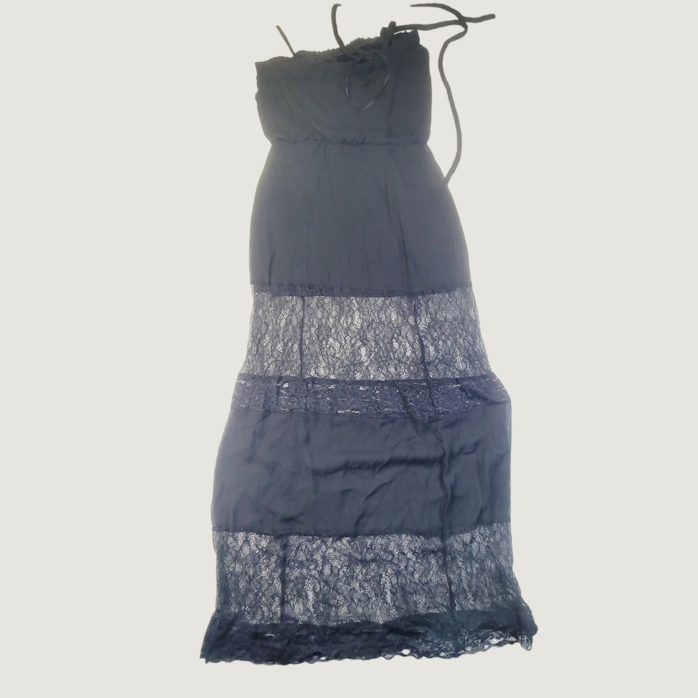 Arden B Women's Maxi Dress Large Black Lace Tiered Chiffon Braided Halter G79